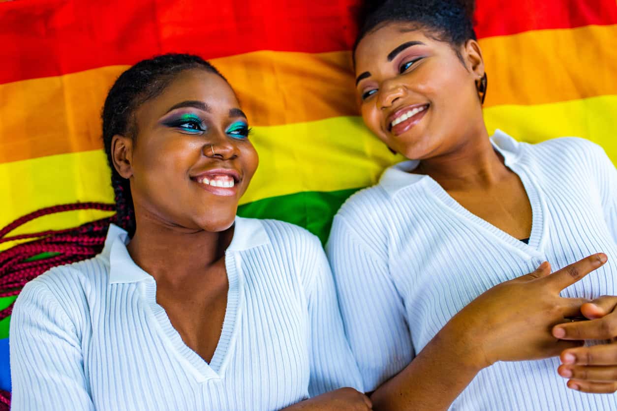 african american couple of two young beautyful women in summer park